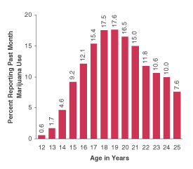 Figure 2.  Percentages of Persons Aged 12 to 25 Reporting Past Month Marijuana Use, by Age: 2000