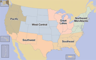 United States map illustrating six regions: Pacific, West Central, Southwest, Great Lakes, Southeast, and Northeast/Mid-Atlantic.