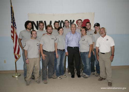 Pass Christian, MS - During a visit to the Gulf Coast region on Tuesday, President Bush stopped by the Delisle Elementary School in Pass Christian, Miss. – also known as ‘The Pass’ – where a team from the AmeriCorps St. Louis program (pictured above) worked throughout the weekend to help the school get ready to receive its first students since Hurricane Katrina hit. Also visiting were First Lady Laura Bush, Mississippi Governor Haley Barbour, and USA Freedom Corps Director Desiree Sayle. The school, which was flooded but did not sustain significant structural damage, is the only remaining school in town, and AmeriCorps members are continue to prepare the site for the October 17 arrival of the town’s middle school and high school students. The effort is part of the Corporation for National and Community Service’s collaboration with the ABC television program “Good Morning America” and the Salvation Army to help rebuild Pass Christian. 