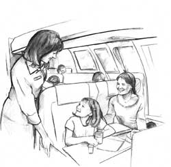Drawing of a woman and a girl sitting in an airplane and talking with a flight attendant who is standing in the aisle.
