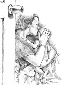 Drawing of a woman holding a baby and kissing his head.