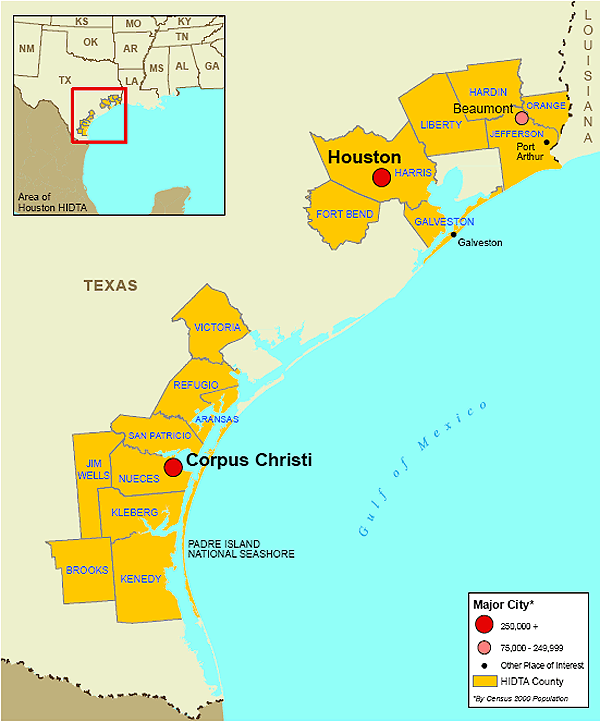 Map showing the Houston High Intensity Drug Trafficking Area.