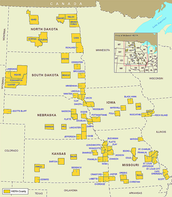 Map showing the Midwest High Intensity Drug Trafficking Area.