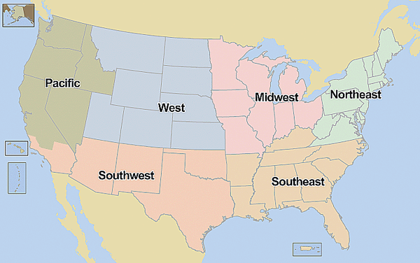 Map of the United States broken up into the six regions.