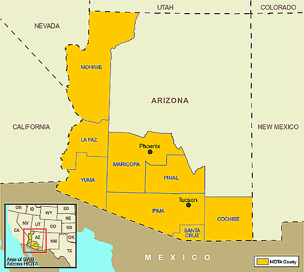 Map showing the Arizona High Intensity Drug Trafficking Area.