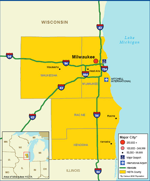 Map showing the Milwaukee High Intensity Drug Trafficking Area.