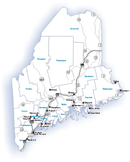 Map of Maine showing major transportation routes.