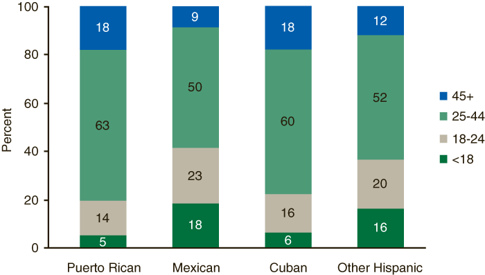 This figure is a stacked bar graph comparing Hispanic female admissions, by age and ethnic subgroup: 2005.  Accessible table located below this figure.
