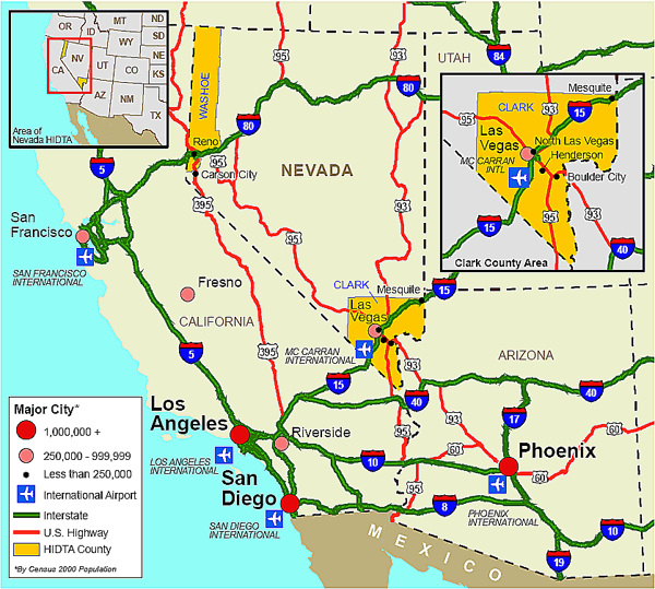 Map showing the Nevada High Intensity Drug Trafficking Area and its relation to nearby transportation infrastructure in Nevada, Arizona, and southern California.