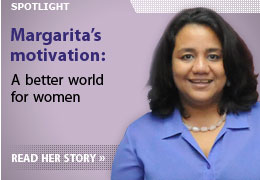 Portrait of Margarita Quintanilla with text 'Project spotlight: Margarita's motivation: A better world for women'