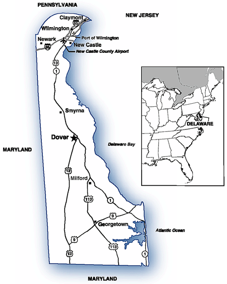 Map of Delaware showing major transportation routes.