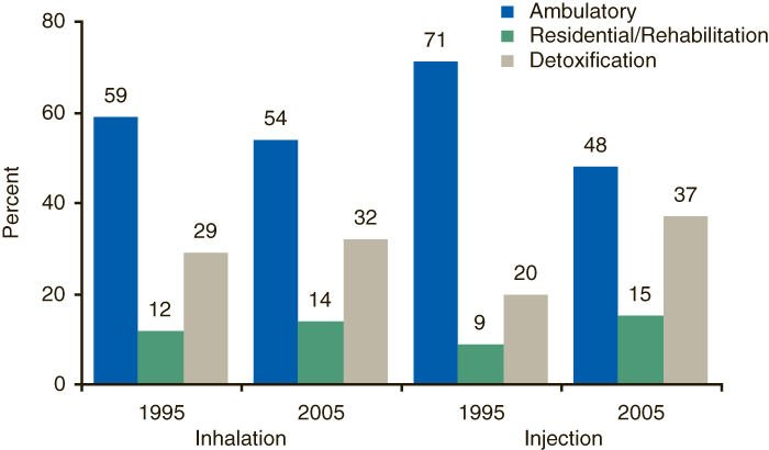 This figure is a vertical bar graph comparing primary heroin admissions, by service setting and route of administration: 1995 and 2005.  Accessible table located below this figure.