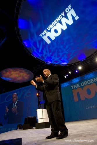 Rep. John Lewis of Georgia drew a standing ovation from the crowd following his stirring address at the National Conference on Volunteering and Service in Atlanta, June 2008.