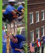 Photos representing weeding and seeding efforts such as police officers on bicycles, building construction, brick row house facade displaying several flags.