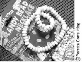 Une photo des colliers en bonbons en sucre en forme de pilules.