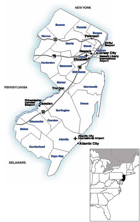 Map of New Jersey showing major transportation routes.