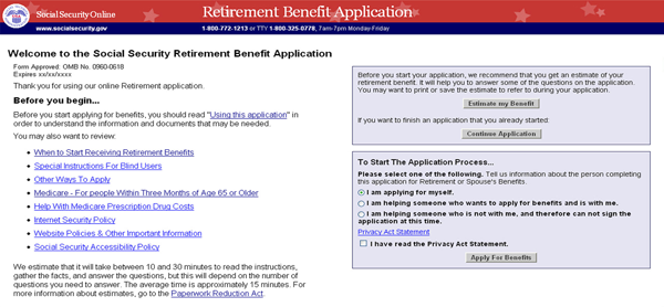 Screen shot of Welcome to the Retirement Benefit Application web page