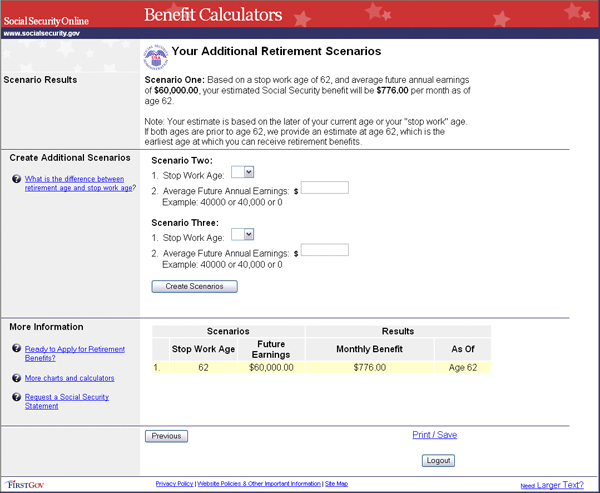 Screen shot of Additional Retirement Scenarios web page
