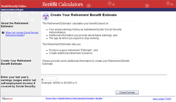 Screen shot of Create your retirement benefit estimate web page
