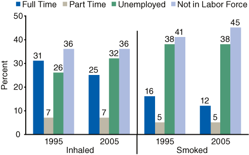 Bar chart comparing Primary Cocaine Admissions (Aged 16 or Older), by Employment Status and Route of Administration between 1995 and 2005