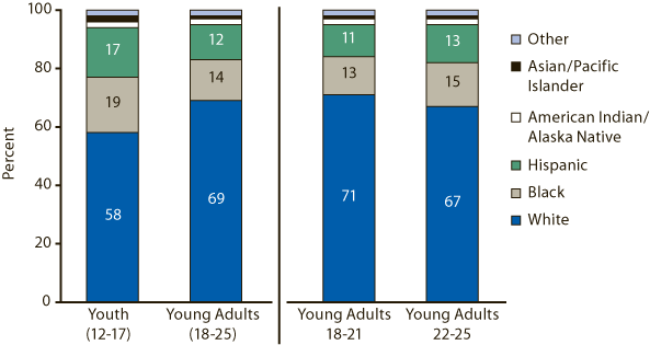 Stacked bar chart with two bars showing the comparison of percent of admissions by race and ethnicity between youth aged 12 to 17 and young adults aged 18 to 25 and two bars showing a further comparison between subgroups of young adults aged 18 to 21 and aged 22 to 25 during 2004. Accessible table version of data below the figure.