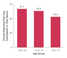 Figure 2.  Percentages of Youths Aged 12 to 17 Reporting Participation in Team Sports During the Past Year, by Age Group:  2000