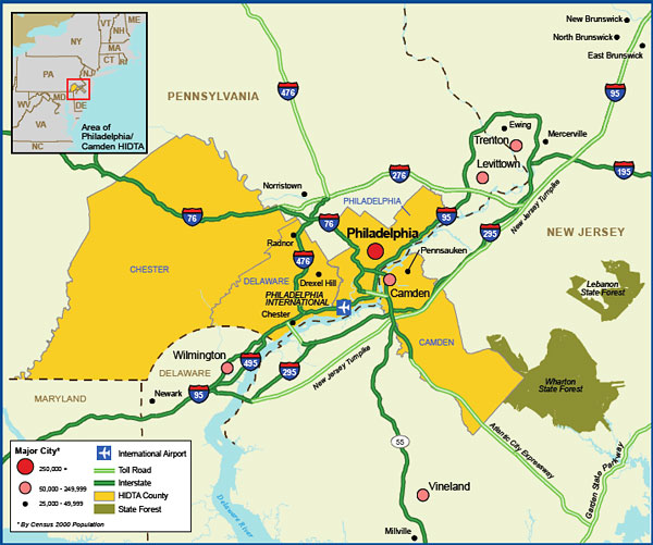 Map showing the Philadelphia/Camden High Intensity Drug Trafficking Area.