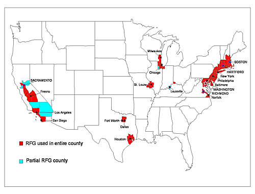 Map of the United States indicating designated RFG areas