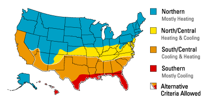 Windows, doors, and skylights climate zone map showing the 4 climates zones: Northern (mostly heating), Northern/Central (heating and cooling), Southern/Central (cooling and heating, Southern (mostly cooling), and zones where alternative criteria are allowed (Southern/Central and Southern climate zones)