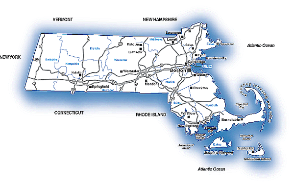 Map of Massachusetts showing major transportation routes.