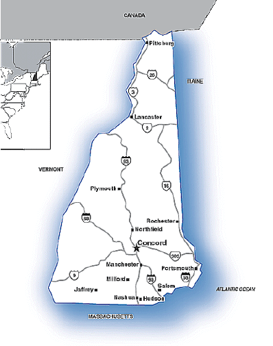 Map of New Hampshire showing major transportation routes.