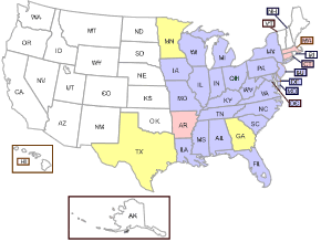 Map of the United States showing the 28 states and District of Columbia which are covered by the Clean Air Interstate Rule (CAIR)