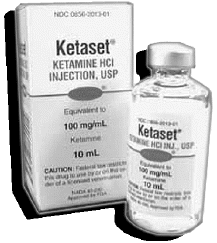 Image of a 10 ml bottle of ketamine and a box.