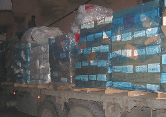 Supplies stacked on the trucks.