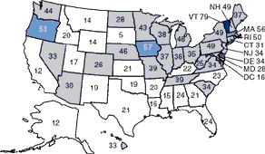 U.S. Map showing Percent of Treatment Facilities with Managed Care Contracts, by State in 1995