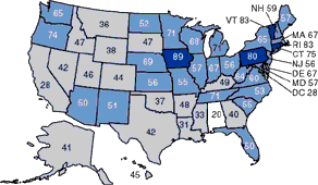 U.S. Map showing Percent of Treatment Facilities with Managed Care Contracts, by State in 1999