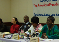 Ambassador Gayleatha B. Brown (center) with Rudolph Thomas, Director of USAID to her right and Mme Juliette Biao, Benin Minister of Family, Children and Women to her left launch the WJEI/EMPOWER project. 