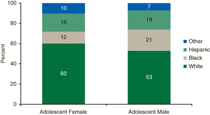 This figure is a double stacked bar graph comparing adolescent admissions, by race/ethnicity and gender: 2005. Accessible table located below this figure.