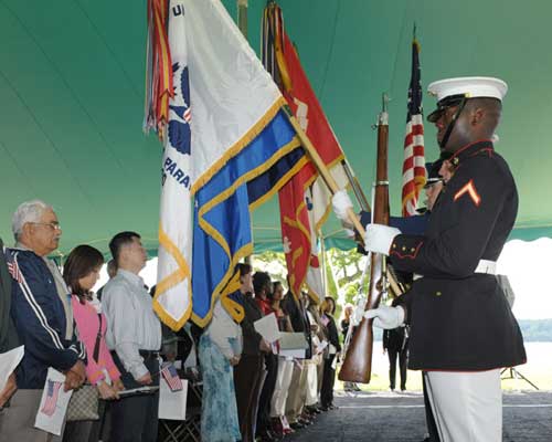 Military flag presentation at the Mount Vernon naturalization ceremony