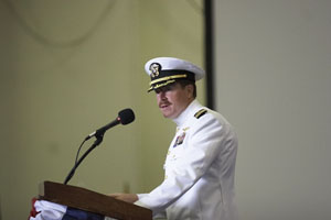 Captain Garry R. White addressed the 146 U.S. Navy Sailors during the U.S.S. George Washington naturalization ceremony.