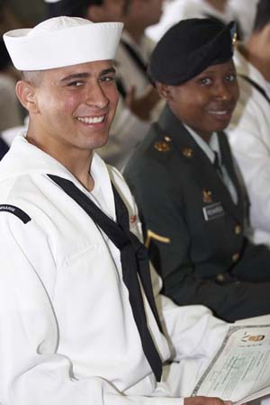U.S. Navy Sailors are sworn in as new U.S. citizens by USCIS Director Emilio Gonzalez.