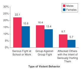 Figure 2. Percentages of Youths Aged 12 to 17 Reporting That They Participated in Different Types of Violent Behaviors in the Past Year, by Type of Violent Behavior and Gender: 2001