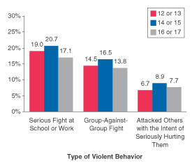 Figure 3. Percentages of Youths Aged 12 to 17 Reporting Participation in Violent Behaviors in the Past Year, by Type of Violent Behavior and Age: 2001