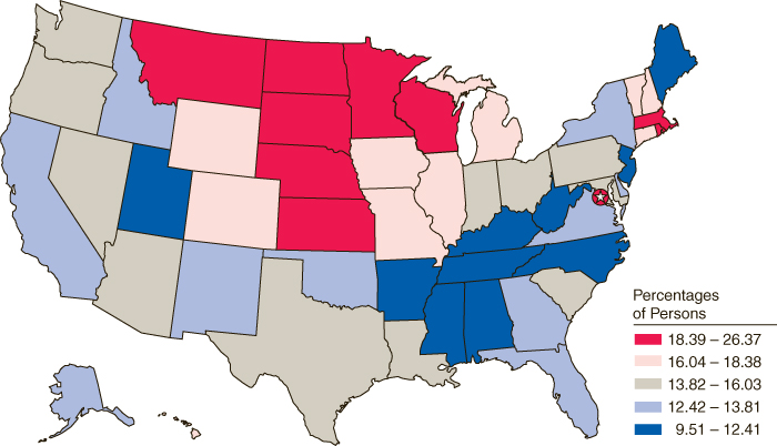 This figure is a United States map comparing percentages of current drivers* aged 18 or older reporting driving under the influence of alcohol in the past year, by state: 2004, 2005, and 2006.  Accessible table located below this figure.