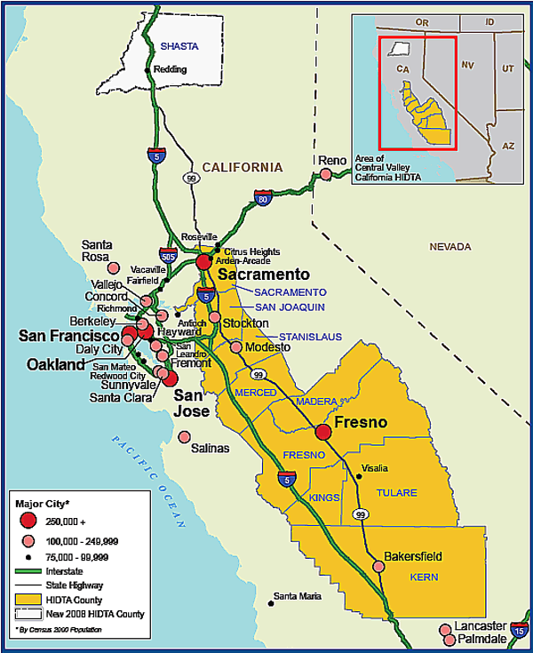 Map showing the Central Valley California High Intensity Drug Trafficking Area.
