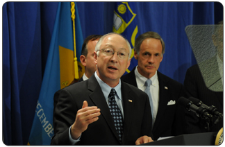 Interior Secretary Salazar talks about the potential of alternative energy development on the Atlantic’s Outer Continental Shelf.  To the Secretary’s right is Delaware Senator Tom Carper.  (Photo Credit: Tami Heilemann DOI)