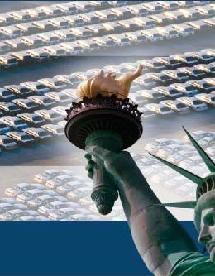 Torch of Statue of Liberty with rows of cars as background