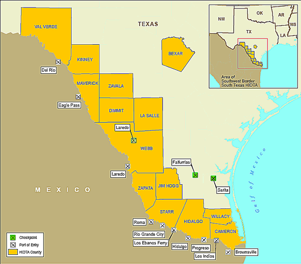 Map showing the South Texas High Intensity Drug Trafficking Area.