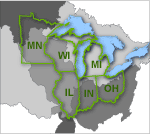 Shown: Map of the Great Lakes, Upper Mississippi River, Ohio River, Missouri River, and Red River Basins throughout the States of Illinois, Indiana, Michigan, Minnesota, Ohio, and Wisconsin.