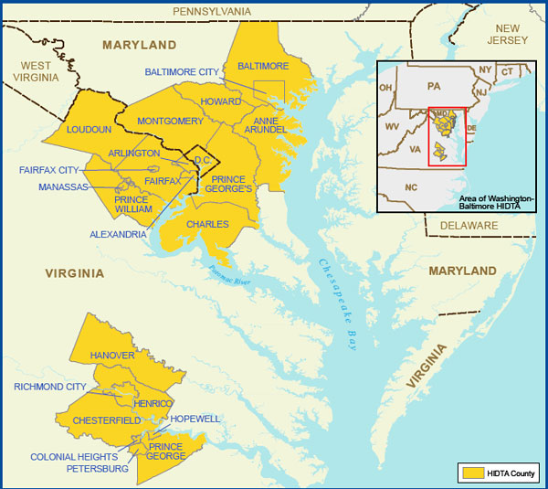Map showing the Washington/Baltimore High Intensity Drug Trafficking Area.